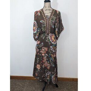 Farm Rio Valentina Maxi Dress Floral Brown V-Neck Multi Size XS